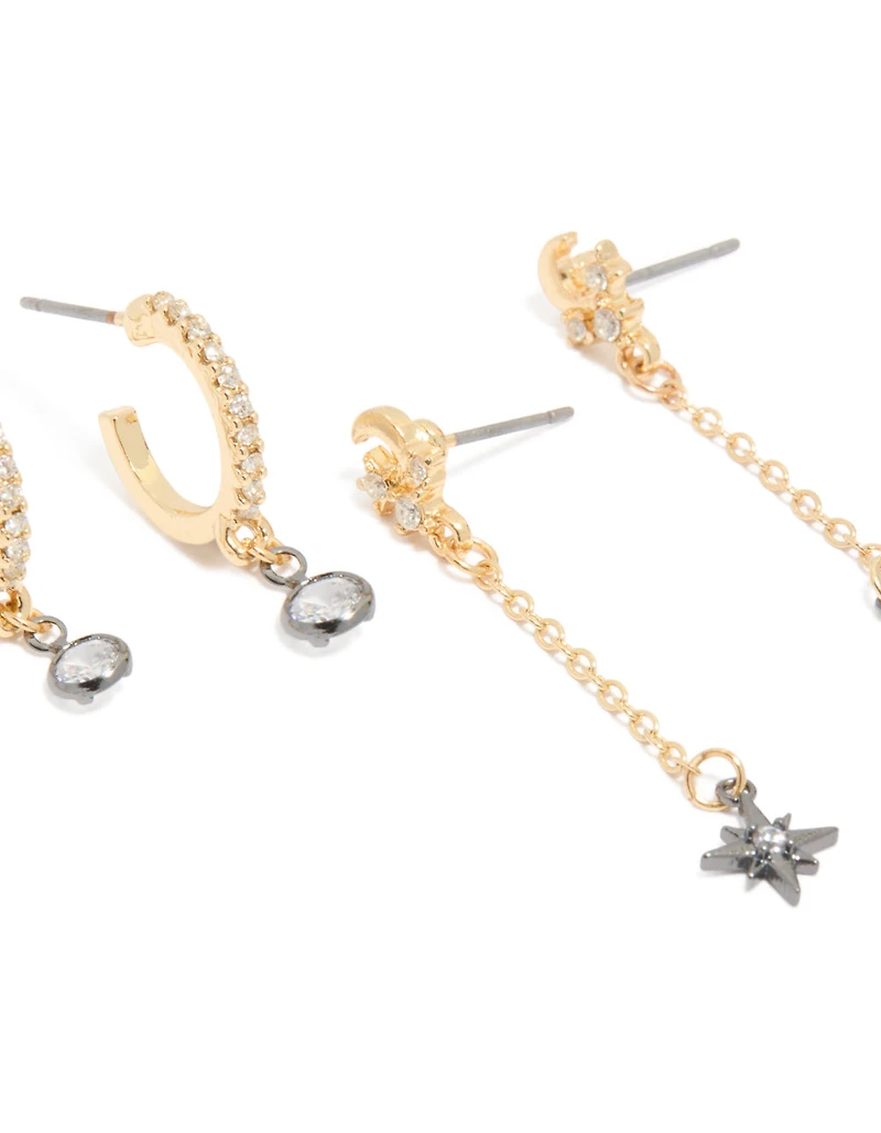 Mixed Metal Plated Cubic Zirconia Cluster Chain & Stud Earrings 4-Pack