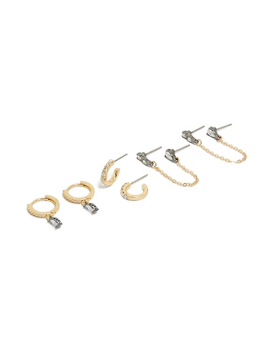 Gold Plated Cubic Zirconia Chain & Huggie Earrings 3- Pack
