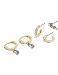 Gold Plated Cubic Zirconia Chain & Huggie Earrings 3- Pack