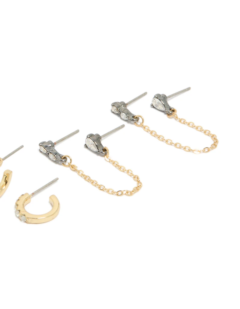 Gold Plated Cubic Zirconia Chain & Huggie Earrings 3- Pack