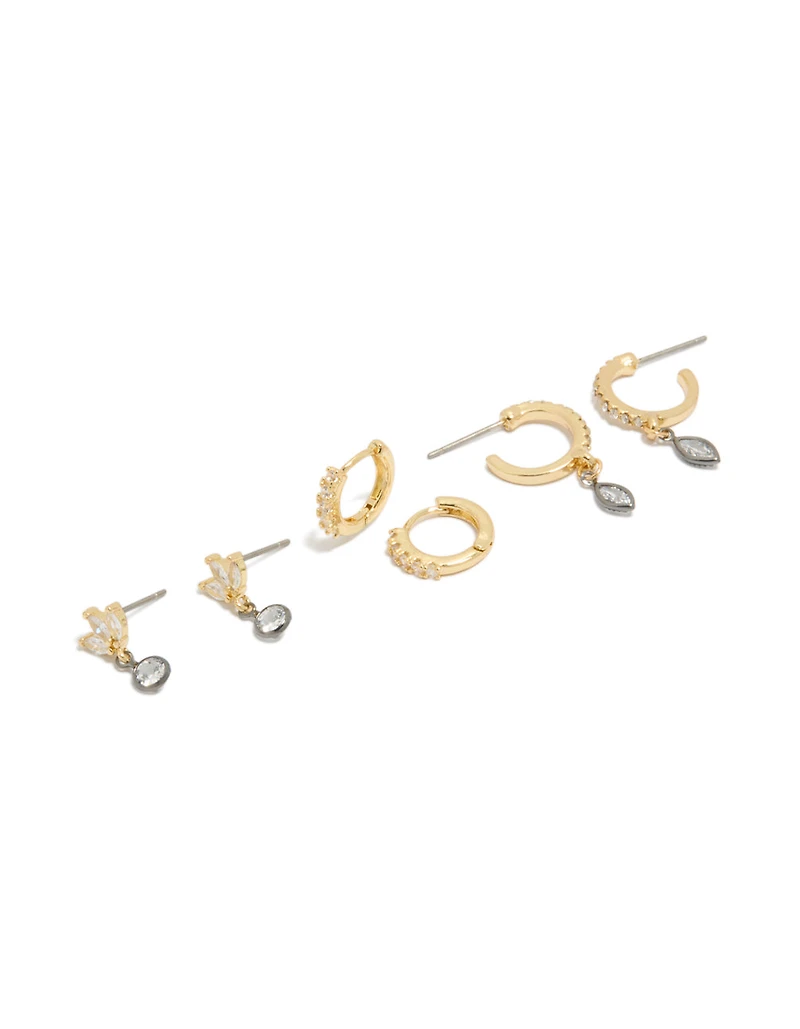 Mixed Metal Plated Cubic Zirconia Bezel Stud & Huggie Earrings 3-Pack