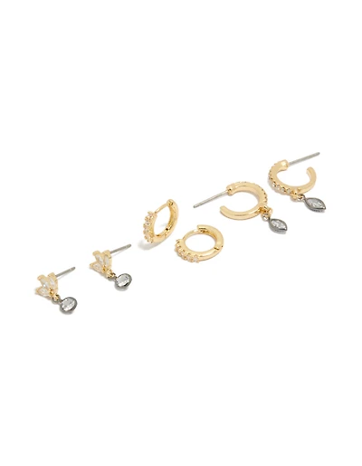 Mixed Metal Plated Cubic Zirconia Bezel Stud & Huggie Earrings 3-Pack