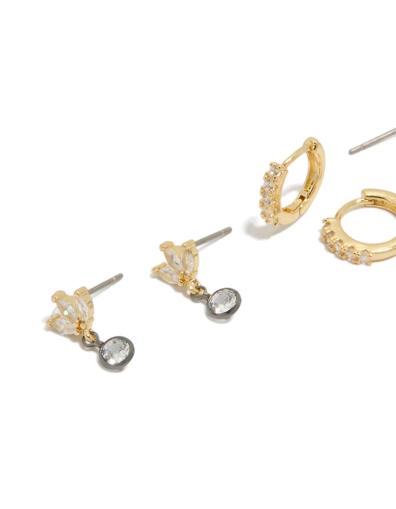 Pack de 3 boucles d’oreilles cubiques en zirconie plaquées métal mixte et boucles d’oreilles Huggie