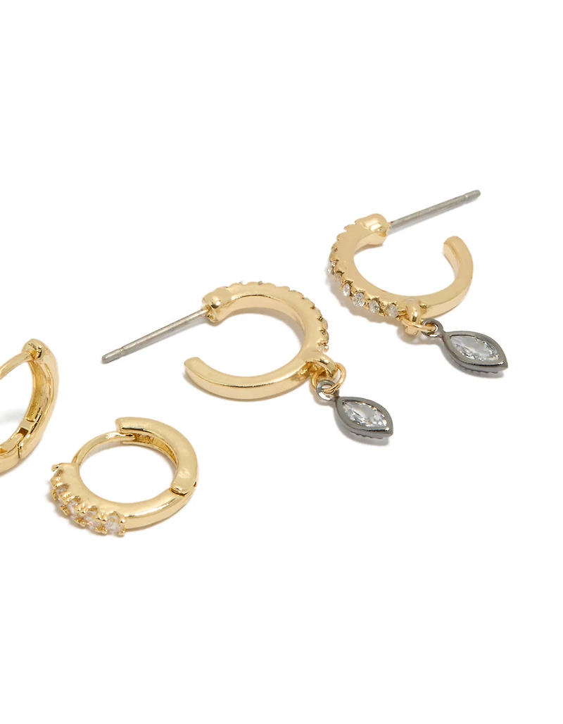 Mixed Metal Plated Cubic Zirconia Bezel Stud & Huggie Earrings 3-Pack