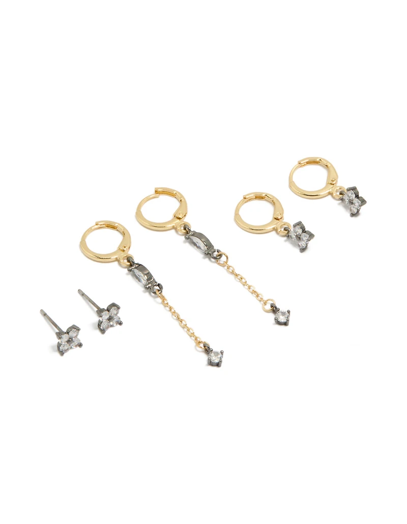 Mixed Metal Plated Cubic Zirconia Flower Chain & Huggie Earrings 3-Pack