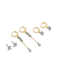 Mixed Metal Plated Cubic Zirconia Flower Chain & Huggie Earrings 3-Pack