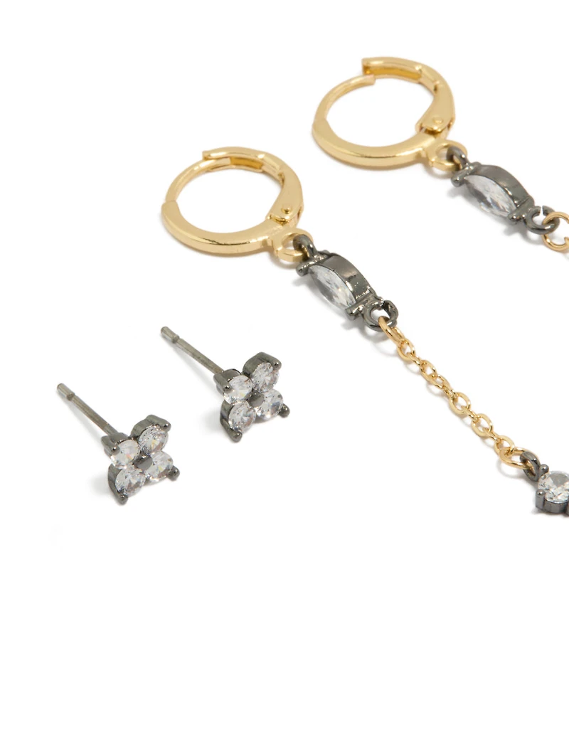 Mixed Metal Plated Cubic Zirconia Flower Chain & Huggie Earrings 3-Pack
