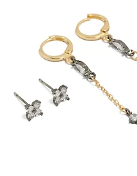 Mixed Metal Plated Cubic Zirconia Flower Chain & Huggie Earrings 3-Pack