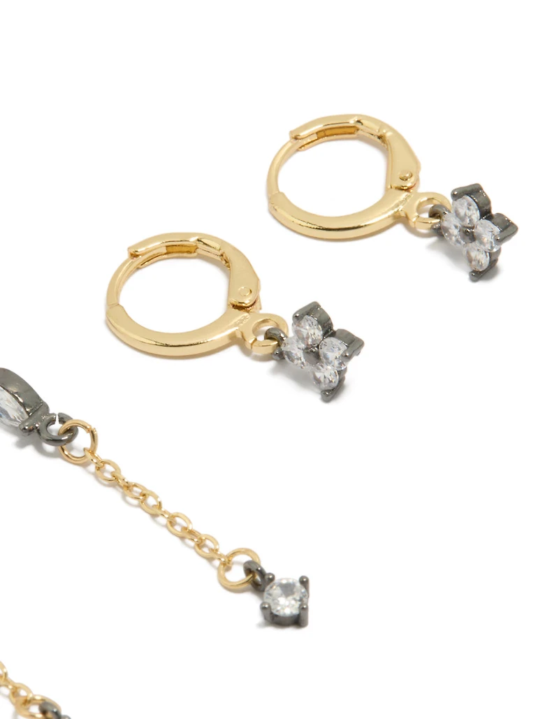 Mixed Metal Plated Cubic Zirconia Flower Chain & Huggie Earrings 3-Pack