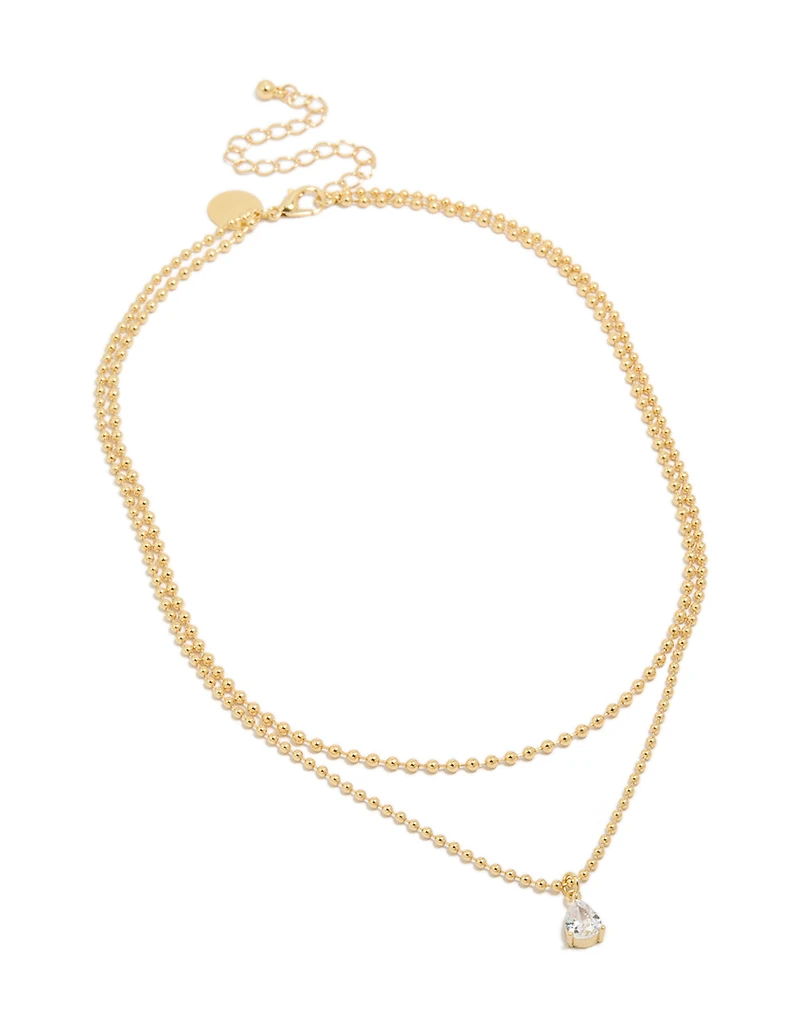 Gold Plated Cubic Zirconia Teardrop Pendant & Ball Layered Necklace