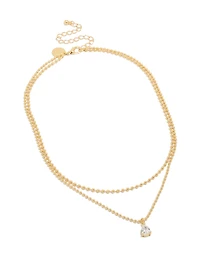 Gold Plated Cubic Zirconia Teardrop Pendant & Ball Layered Necklace