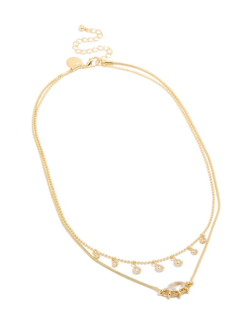 Gold Plated Cubic Zirconia Mini Oval & Droplets Charm Necklaces 2-Pack