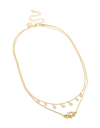 Gold Plated Cubic Zirconia Mini Oval & Droplets Charm Necklaces 2-Pack