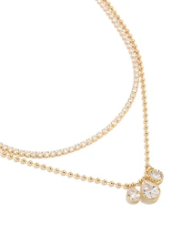 Gold Plated Cubic Zirconia Tennis &  Droplets Layered Necklace