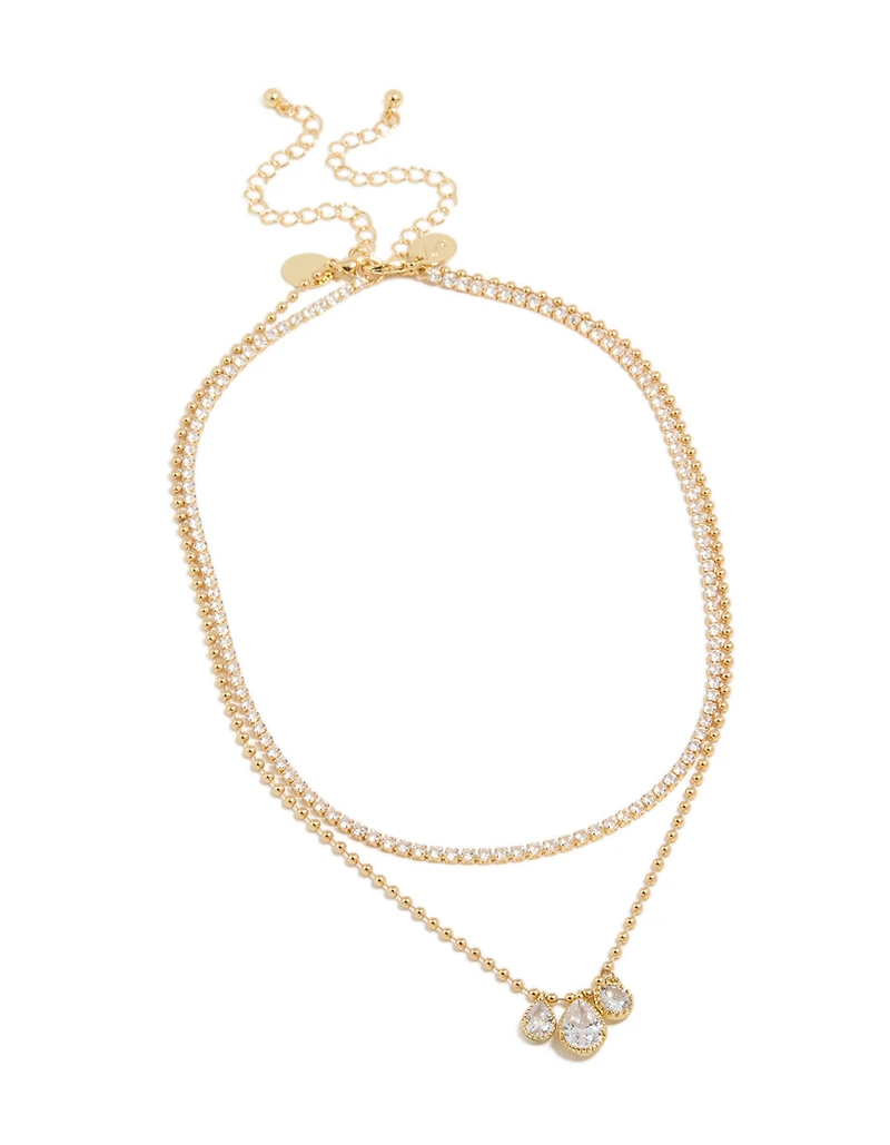 Gold Plated Cubic Zirconia Tennis & Droplets Layered Necklace