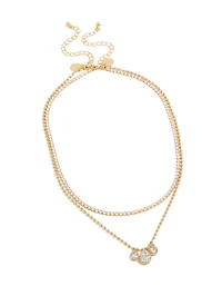 Gold Plated Cubic Zirconia Tennis &  Droplets Layered Necklace