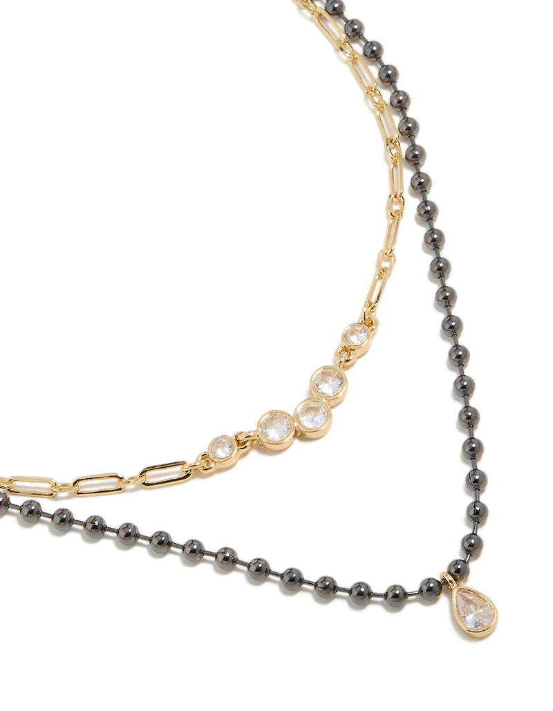Mixed Metal Plated Cubic Zirconia Teardrop & Cluster Layered Necklace