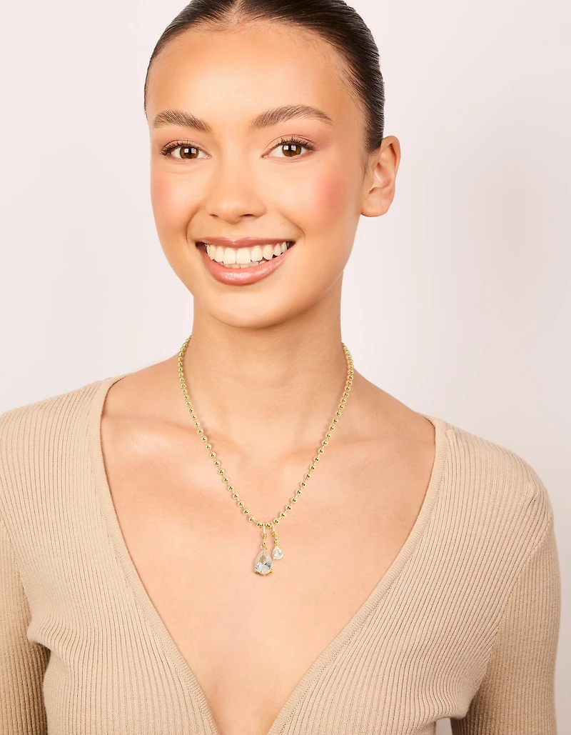 Gold Plated Double Cubic Zirconia Teardrop Pendant Necklace