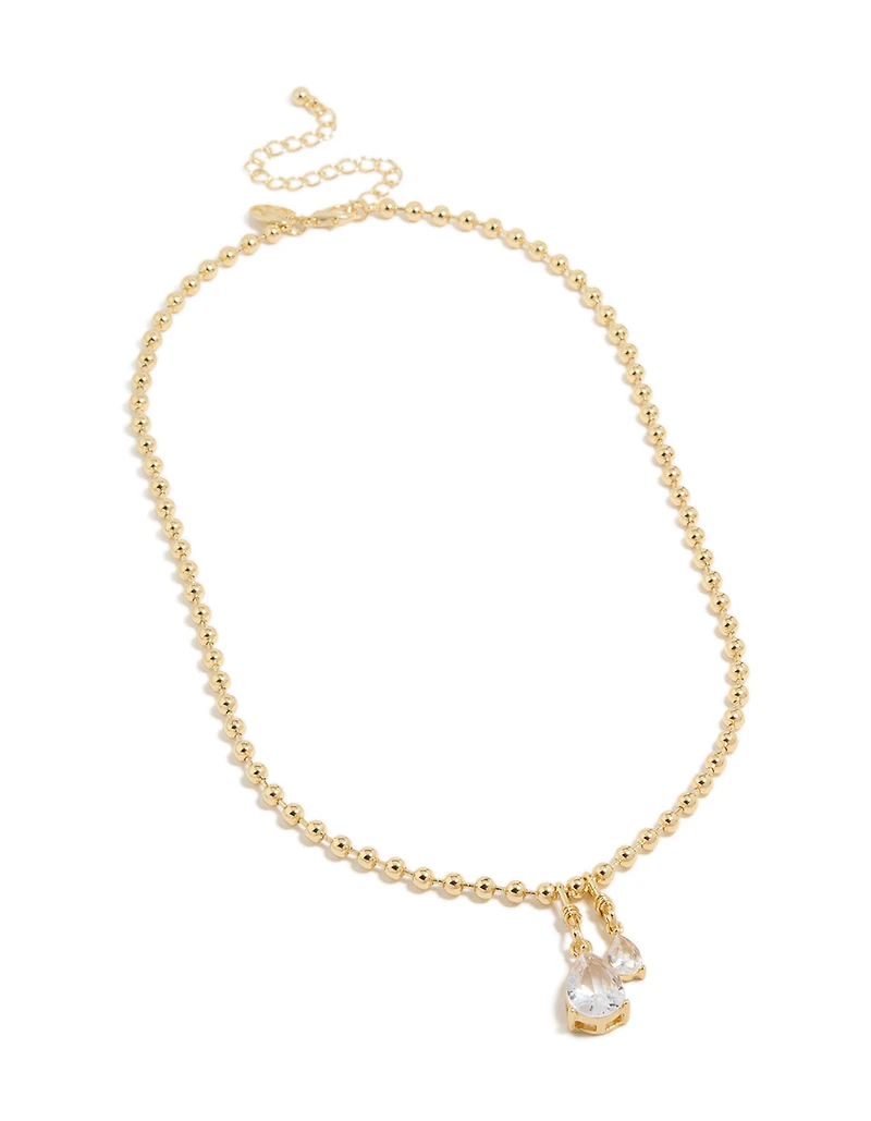 Gold Plated Double Cubic Zirconia Teardrop Pendant Necklace