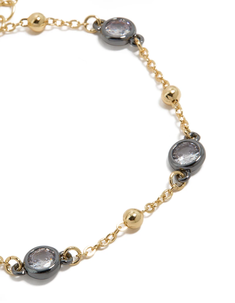 Mixed Metal Plated Cubic Zirconia Stone & Ball Chain Bracelet