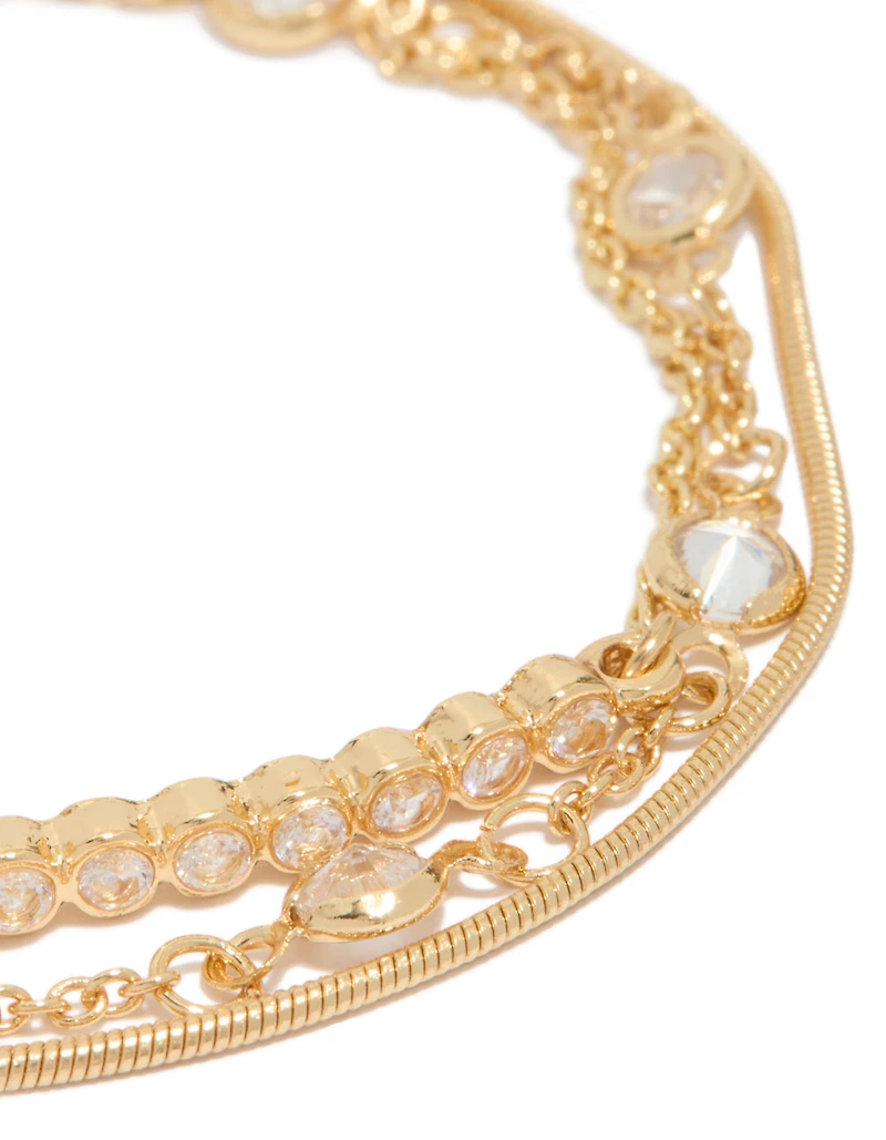 Gold Plated Cubic Zirconia Bezel Stone Bracelets 3-Pack