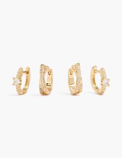 14K Gold Plated Cubic Zirconia & Criss Cross Huggie Earrings 2-Pack