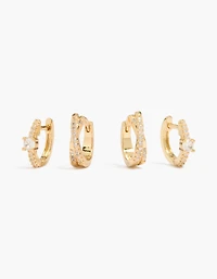 14K Gold Plated Cubic Zirconia & Criss Cross Huggie Earrings 2-Pack