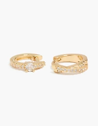 14K Gold Plated Cubic Zirconia & Criss Cross Huggie Earrings 2-Pack
