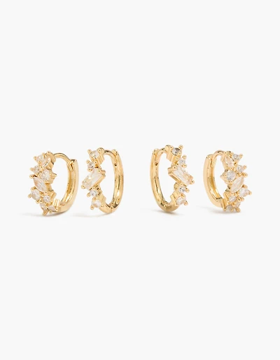 14K Gold Plated Cluster Cubic Zirconia Huggie Earrings 2-Pack