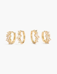 14K Gold Plated Cluster Cubic Zirconia Huggie Earrings 2-Pack
