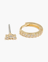 14K Gold Plated Mini Cubic Zirconia Stud  & Huggie Earrings 2-Pack