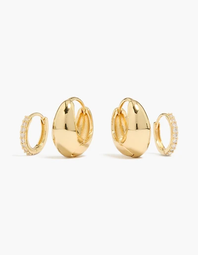 14K Gold Plated Cubic Zirconia & Oval Huggie Earrings 2-Pack