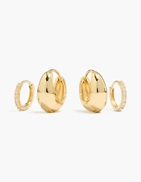 14K Gold Plated Cubic Zirconia & Oval Huggie Earrings 2-Pack