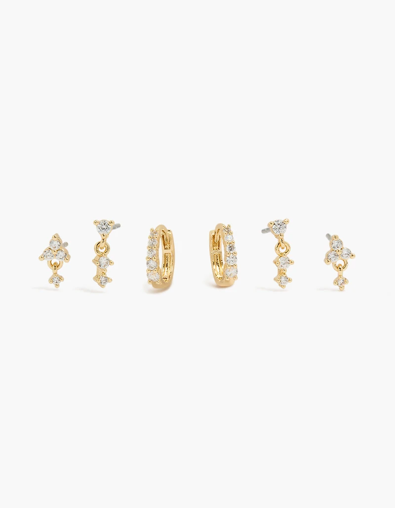 14K Gold Plated Cubic Zirconia Mini Huggie & Drop Earrings 3-Pack