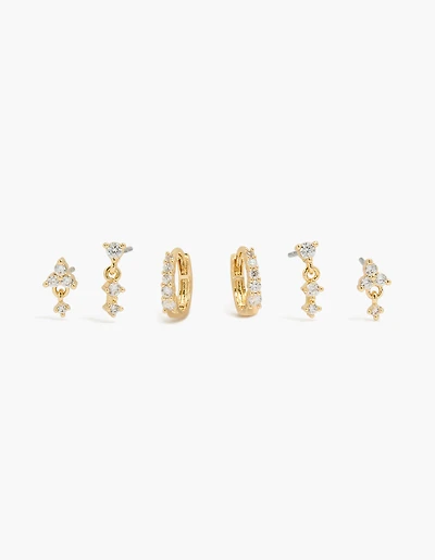 14K Gold Plated Cubic Zirconia Mini Huggie & Drop Earrings 3-Pack