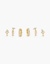 14K Gold Plated Cubic Zirconia Mini Huggie & Drop Earrings 3-Pack
