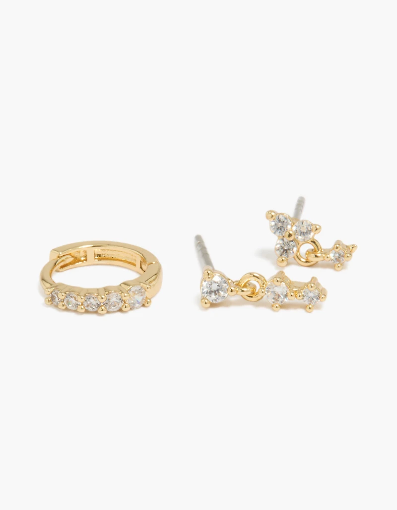 Boucles d'oreilles mini-huggie et pendantes plaquées or 14 carats et serties de zirconiums cubiques (paquet de 3)