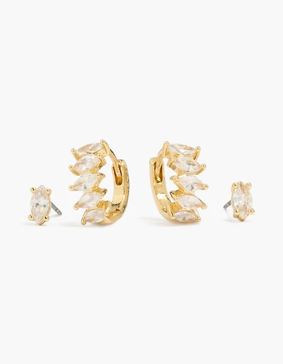 14K Gold Plated Marquise Cubic Zirconia Huggie & Stud Earrings 2-Pack