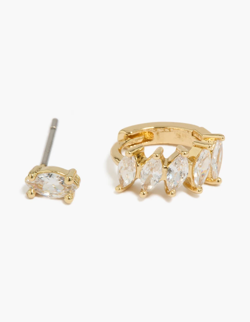 14K Gold Plated Marquise Cubic Zirconia Huggie & Stud Earrings 2-Pack