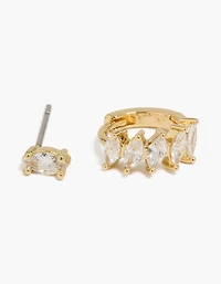 14K Gold Plated Marquise Cubic Zirconia Huggie & Stud Earrings 2-Pack