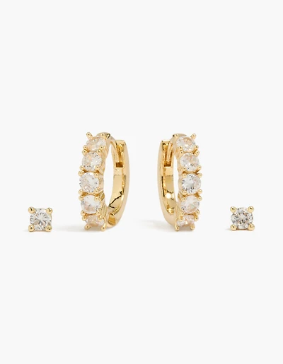 14K Gold Plated Cubic Zirconia Huggie & Stud Earrings 2-Pack