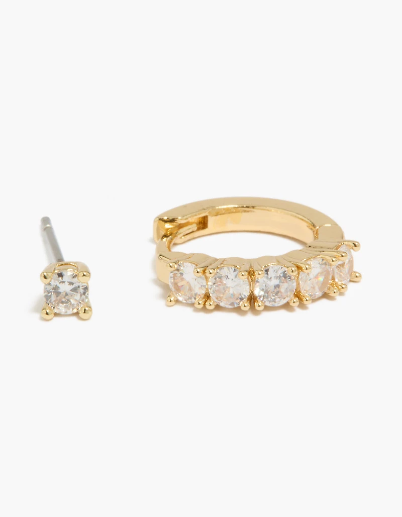 14K Gold Plated Cubic Zirconia Huggie & Stud Earrings 2-Pack