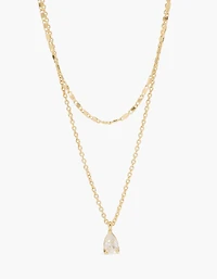 14K Gold Plated Pear Cubic Zirconia & Chain Necklace 2-Pack