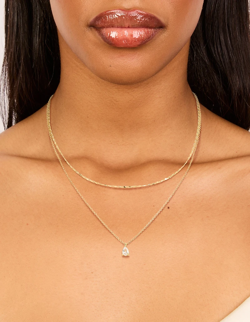 14K Gold Plated Pear Cubic Zirconia & Chain Necklace 2-Pack