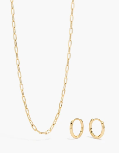 Ensemble chaîne simple et boucles d'oreilles créoles en or 14 carats