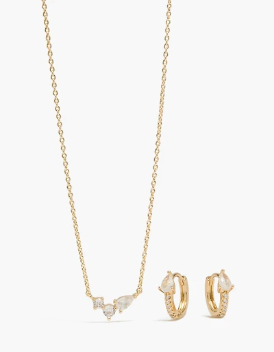 14K Gold Plated Cubic Zirconia Huggie Earrings & Necklace Set