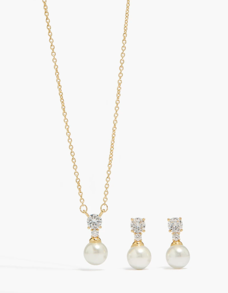 Ensemble collier et boucles d'oreilles en perles et en zirconium cubique plaqué or 14 carats
