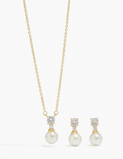 Ensemble collier et boucles d'oreilles en perles et en zirconium cubique plaqué or 14 carats