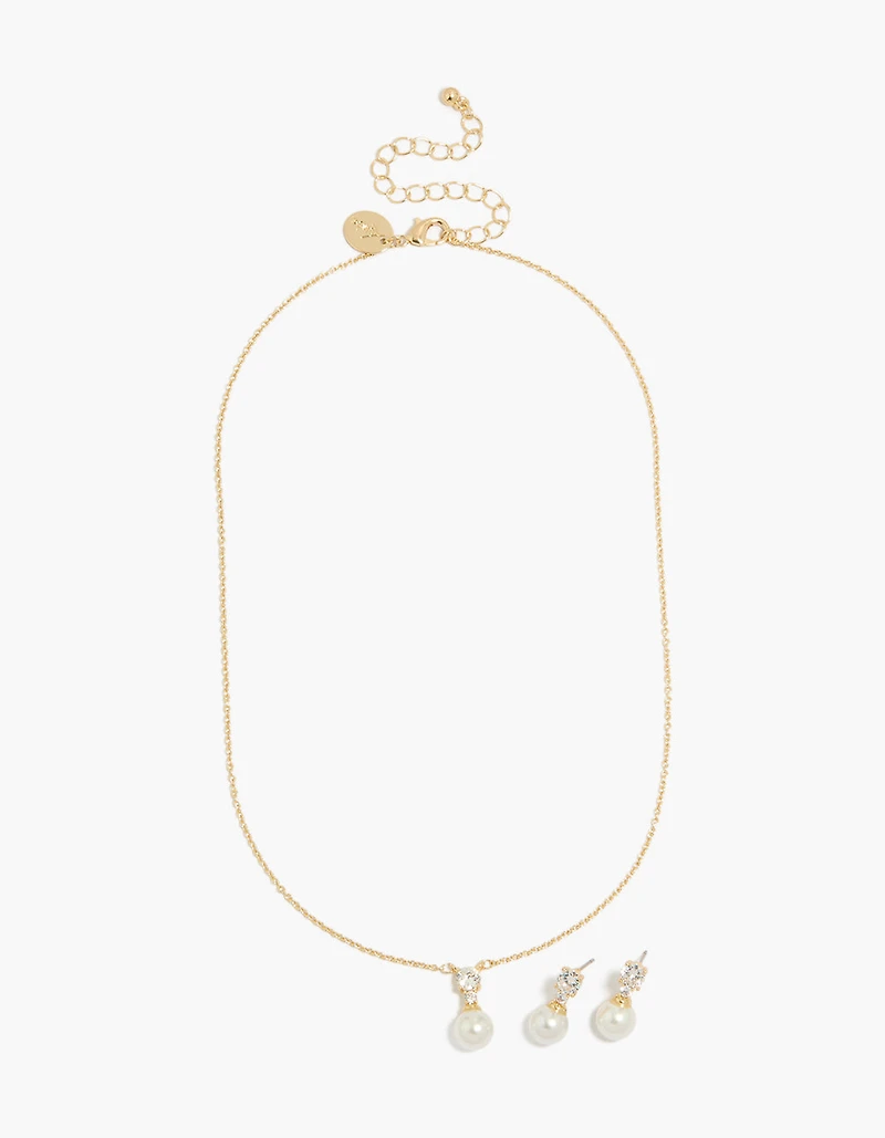 14K Gold Plated Cubic Zirconia Pearl Necklace & Earrings Set