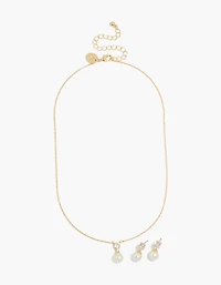 14K Gold Plated Cubic Zirconia Pearl Necklace & Earrings Set